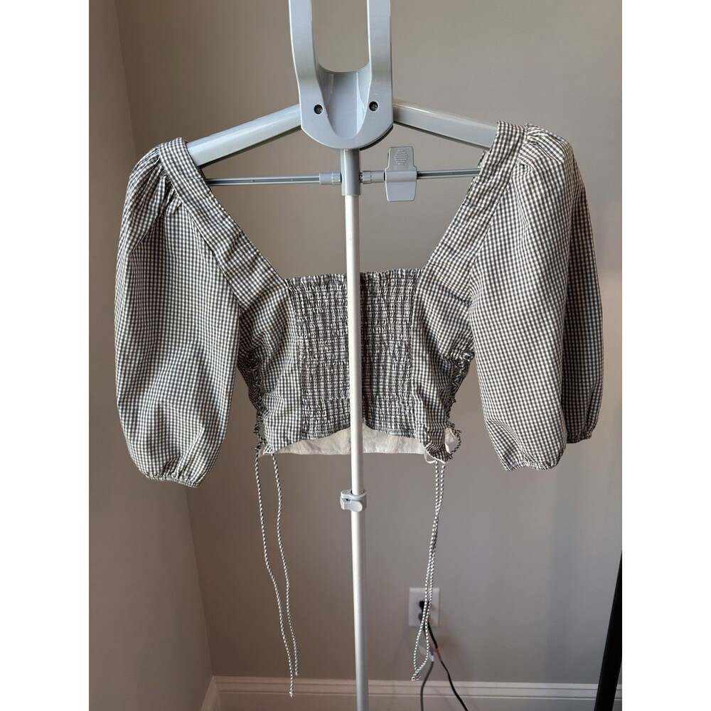 Abercrombie & Fitch Puff Sleeve Gingham Crop Top Milkmaid Peasant Lace Up Small - Picture 3 of 5